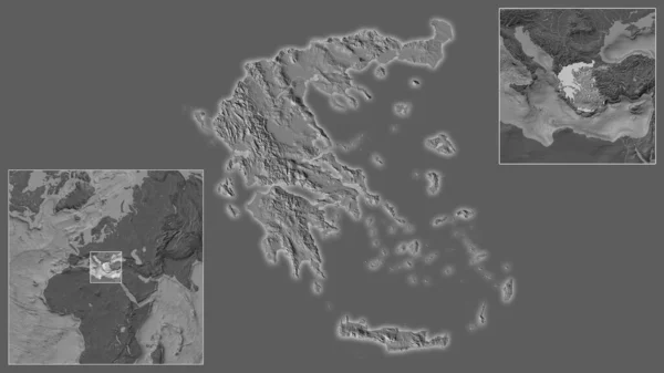 希腊的近景及其在该地区的位置 以及在大比例尺世界地图中心的位置 Bilevel高地图 — 图库照片
