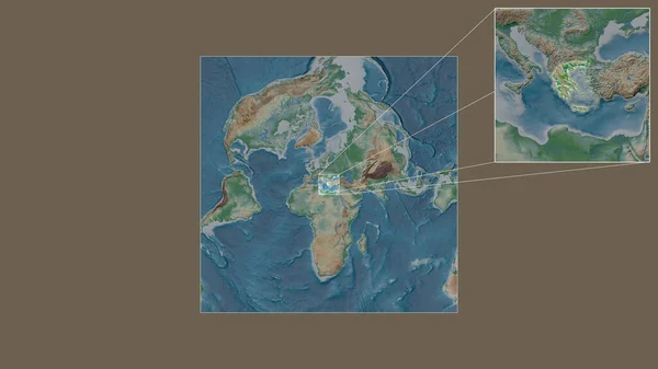 从世界大比例尺地图中提取出的希腊扩大和扩大的地区 其主要线连接了框架的各个角落 彩色物理图 — 图库照片
