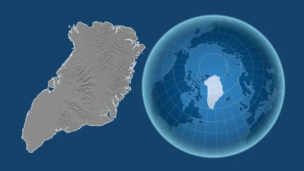 グリーンランドだ 青い背景に孤立した輪郭を持つ拡大地図に対して 国の形をした球体 グレースケール標高図 — ストック写真