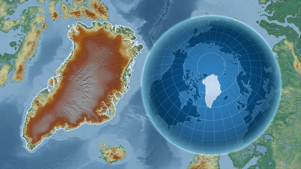 格陵兰岛与缩放地图及其轮廓相对照的国家形状的球体 地形起伏图 — 图库照片