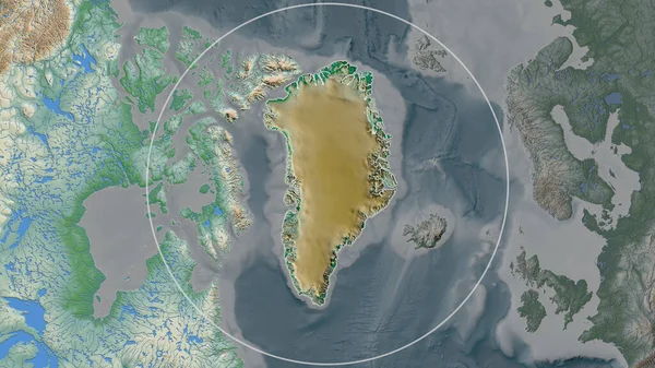 Área Ampliada Groenlandia Rodeada Por Círculo Fondo Barrio Mapa Físico — Foto de Stock