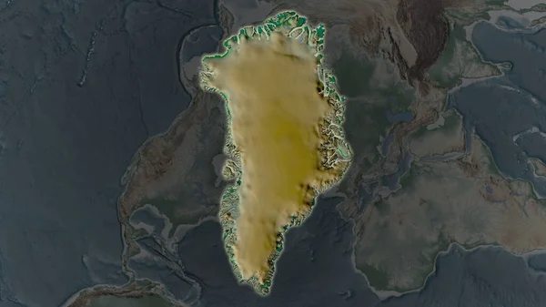 Площадь Гренландии Увеличилась Светилась Темном Фоне Окрестностей Основные Характеристики Ландшафта — стоковое фото