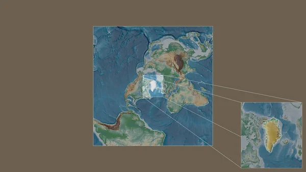 世界の大規模な地図から抽出されたグリーンランドの拡大領域と拡大領域は フレームの隅を結ぶ主要な線で構成されている 地図の色 — ストック写真