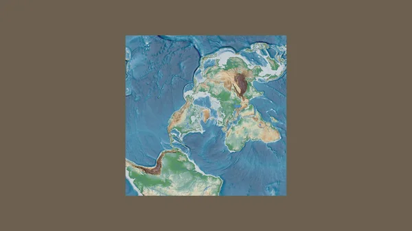 Square frame of the large-scale map of the world in an oblique Van der Grinten projection centered on the territory of Greenland. Color physical map