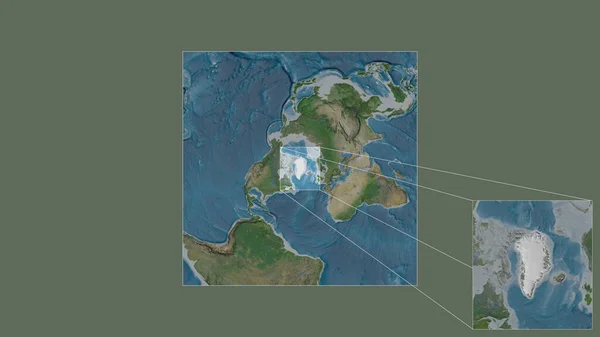 从世界大比例尺地图中提取出的格陵兰岛扩大和扩大的区域 其主要线连接框架的各个角落 卫星图像 — 图库照片