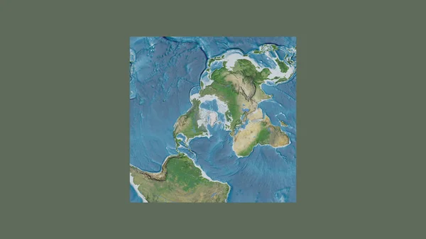 Square frame of the large-scale map of the world in an oblique Van der Grinten projection centered on the territory of Greenland. Satellite imagery