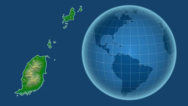 Grenada Globus Kształcie Kraju Powiększonej Mapie Odizolowanym Zarysem Niebieskim Tle — Zdjęcie stockowe
