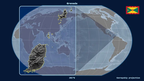 Přiblížený Pohled Grenadu Perspektivními Liniemi Proti Globální Mapě Projekci Kavrayskiy — Stock fotografie