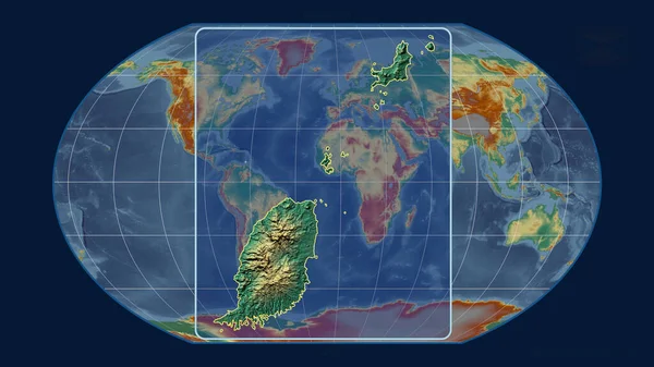 グラナダのアウトラインを視野線で拡大し 世界地図に対するグラナダのアウトラインを空の投影で表示します 形を中心に 地形図によると — ストック写真