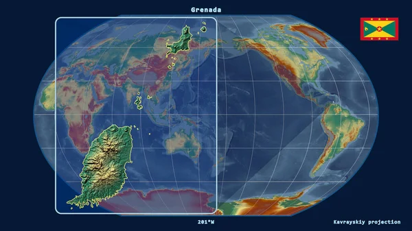 Увеличенный Вид Контур Гренады Перспективными Линиями Против Глобальной Карты Каврайской — стоковое фото