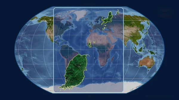 グラナダのアウトラインを視野線で拡大し 世界地図に対するグラナダのアウトラインを空の投影で表示します 形を中心に 衛星画像 — ストック写真