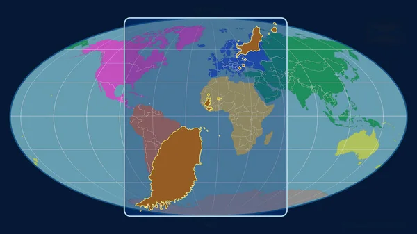 グレナダのアウトラインを視野線で拡大し Mollweide予測の世界地図に対して 形を中心に 大陸のカラーマップ — ストック写真