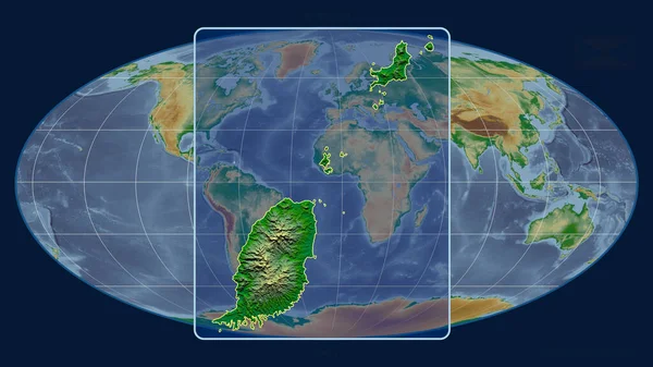 Zoomed View Grenada Outline Perspective Lines Global Map Mollweide Projection — Stock Photo, Image