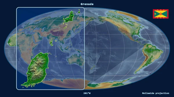 Увеличенный Вид Контура Гренады Перспективными Линиями Против Глобальной Карты Проекции — стоковое фото