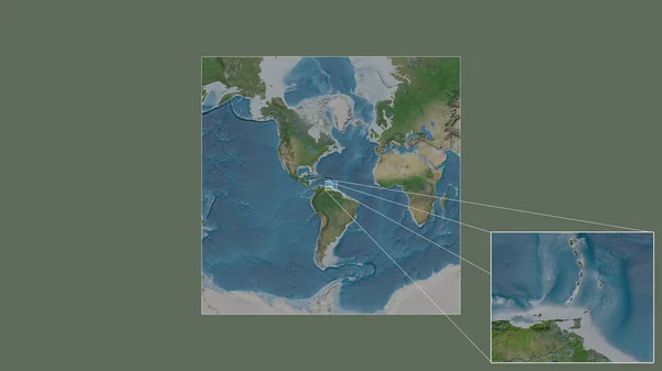 世界の大規模な地図から抽出されたグレナダの拡大 拡大領域と フレームの隅を結ぶ主要線 衛星画像 — ストック写真