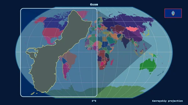 以透视线与Kavrayskiy投影中的全球地图对齐 放大了关岛的轮廓 在左边的形状 行政区划的彩色地图 — 图库照片