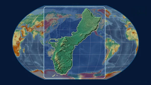 Zoomed-in view of Guam outline with perspective lines against a global map in the Kavrayskiy projection. Shape centered. topographic relief map