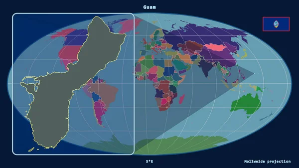 在Mollweide投影中 用透视线与全球地图对齐 放大了关岛的轮廓 在左边的形状 行政区划的彩色地图 — 图库照片