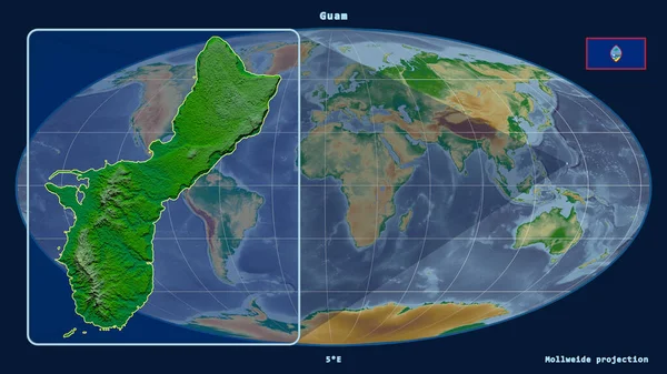 Vergrößerte Ansicht Von Guam Mit Perspektivischen Linien Gegen Eine Weltkarte — Stockfoto