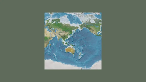 Square frame of the large-scale map of the world in an oblique Van der Grinten projection centered on the territory of Guam. Satellite imagery