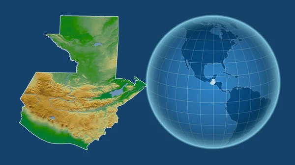 グアテマラ 青い背景に孤立した輪郭を持つ拡大地図に対して 国の形をした球体 色物理図 — ストック写真