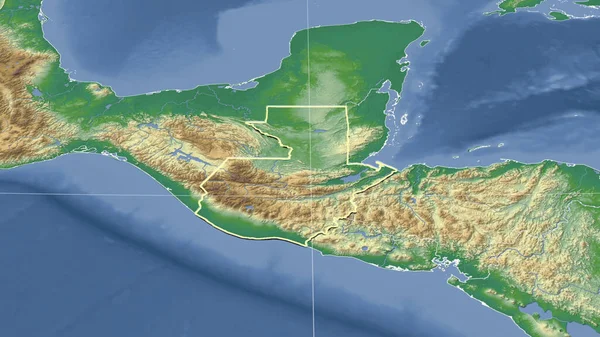 危地马拉及其邻近地区 远斜透视 轮廓轮廓 彩色物理图 — 图库照片