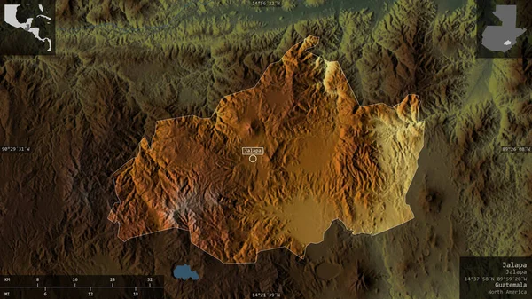 Jalapa Guatemala Megye Színes Dombormű Tavakkal Folyókkal Alakzat Tájékoztató Jellegű — Stock Fotó