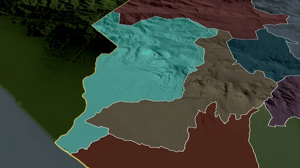 San Marcos - department of Guatemala zoomed and highlighted. Colored and bumped map of the administrative division. 3D rendering