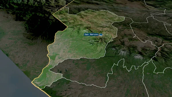 San Marcos - department of Guatemala zoomed and highlighted with capital. Satellite imagery. 3D rendering