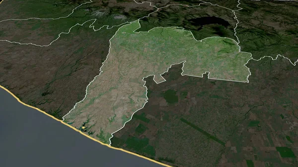 Suchitepequez - Guatemala departmanı yakınlaştırıldı ve altı çizildi. Uydu görüntüleri. 3B görüntüleme