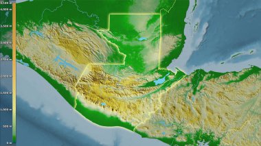 Guatemala bölgesinde, efsanevi stereografik projeksiyondaki fiziksel harita - ışık saçan ana hatlı raster tabakalarının ham bileşimi