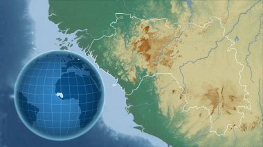 Gine. Zoom haritasına karşı ülkenin şekline sahip bir dünya. topografik yardım haritası