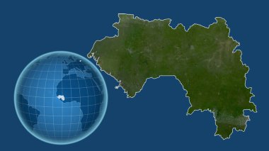 Gine. Yakınlaştırılmış haritaya karşı ülkenin şekline sahip dünya mavi arka planda izole edilmiş. uydu resimleri