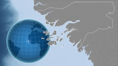 Gine-Bissau. Zoom haritasına karşı ülkenin şekline sahip bir dünya. Gri tonlama yükseklik haritası