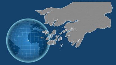 Gine-Bissau. Yakınlaştırılmış haritaya karşı ülkenin şekline sahip dünya mavi arka planda izole edilmiş. Gri tonlama yükseklik haritası