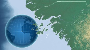 Gine-Bissau. Zoom haritasına karşı ülkenin şekline sahip bir dünya. topografik yardım haritası