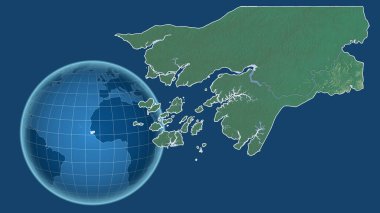 Gine-Bissau. Yakınlaştırılmış haritaya karşı ülkenin şekline sahip dünya mavi arka planda izole edilmiş. topografik yardım haritası