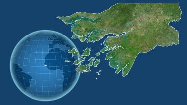 Gine-Bissau. Yakınlaştırılmış haritaya karşı ülkenin şekline sahip dünya mavi arka planda izole edilmiş. uydu resimleri
