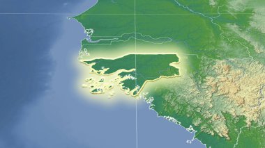 Gine-Bissau ve mahallesi. Uzak eğimli perspektif - şekil parlıyordu. renk fiziksel haritası