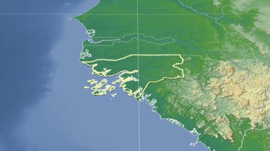 Gine-Bissau ve mahallesi. Uzak eğimli perspektif - şekil çizilmiş. renk fiziksel haritası