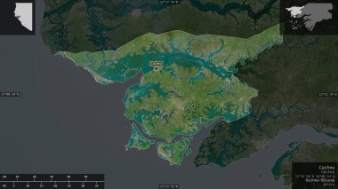 Cacheu, Gine-Bissau bölgesi. Uydu görüntüleri. Ülke alanına karşı bilgilendirici örtülerle sunulan şekil. 3B görüntüleme