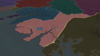 Tombali - Gine-Bissau bölgesi yakınlaştırıldı ve sermaye ile vurgulandı. İdari bölümün renkli ve çarpık haritası. 3B görüntüleme