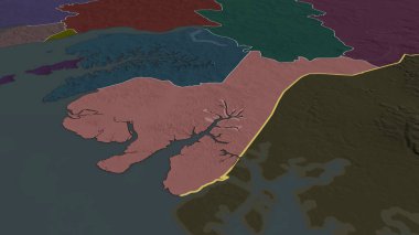 Tombali - Gine-Bissau bölgesi yakınlaştırıldı ve altı çizildi. İdari bölümün renkli ve çarpık haritası. 3B görüntüleme