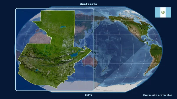グアテマラのアウトラインを視野線で拡大し カヴァライスキー予測の世界地図に対して 左側の形 衛星画像 — ストック写真