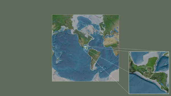 世界の大規模な地図から抽出されたグアテマラの拡大拡大された領域と フレームの隅を結ぶ主要な線 衛星画像 — ストック写真