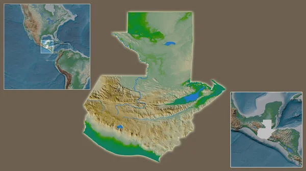 危地马拉的近景及其在该区域的位置 以及在大比例尺世界地图中心的位置 彩色物理图 — 图库照片