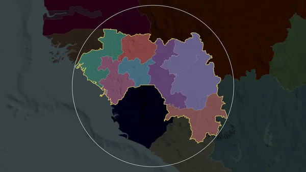 Guinea zoomed and circled. Colored and bumped map of the administrative division. 3D rendering