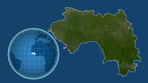 Guinea. Globe with the shape of the country against zoomed map with its outline isolated on the blue background. satellite imagery