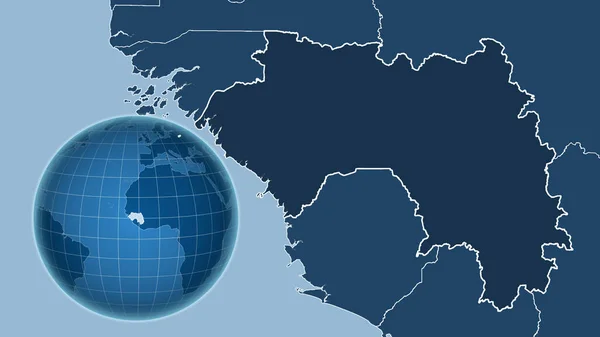 Гвинея Глобус Формой Страны Против Увеличенной Карты Контуром Формы Маска — стоковое фото