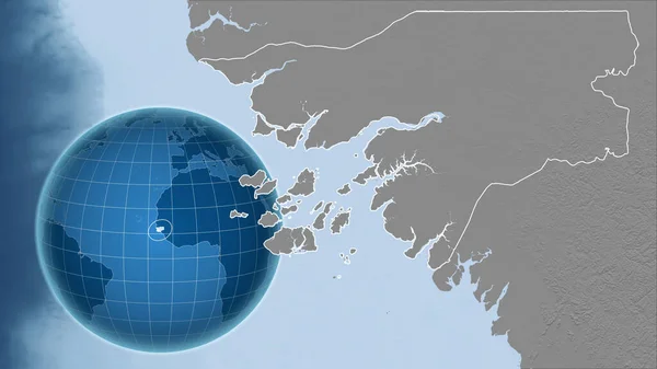 Guinea-Bissau. Globe with the shape of the country against zoomed map with its outline. grayscale elevation map